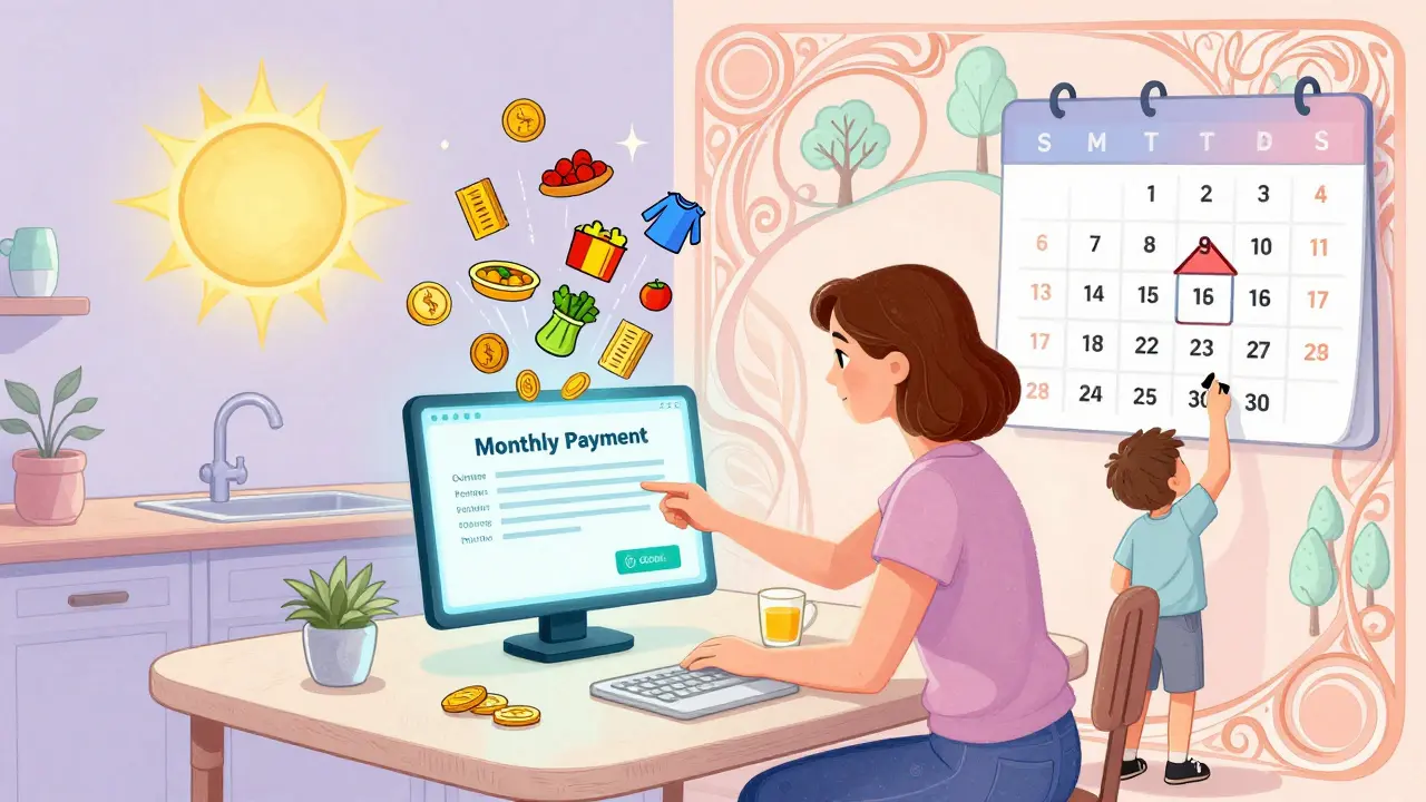 Мать получает ежемесячные выплаты, деньги превращаются в продукты и вещи, ребёнок рисует дом на стене.