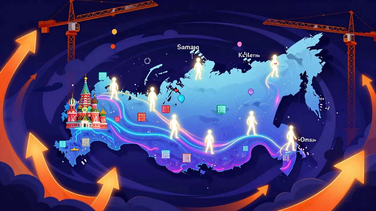 Миграция людей из Москвы в регионы по ярким психоделическим путям, дома растут в Самаре и Костроме.