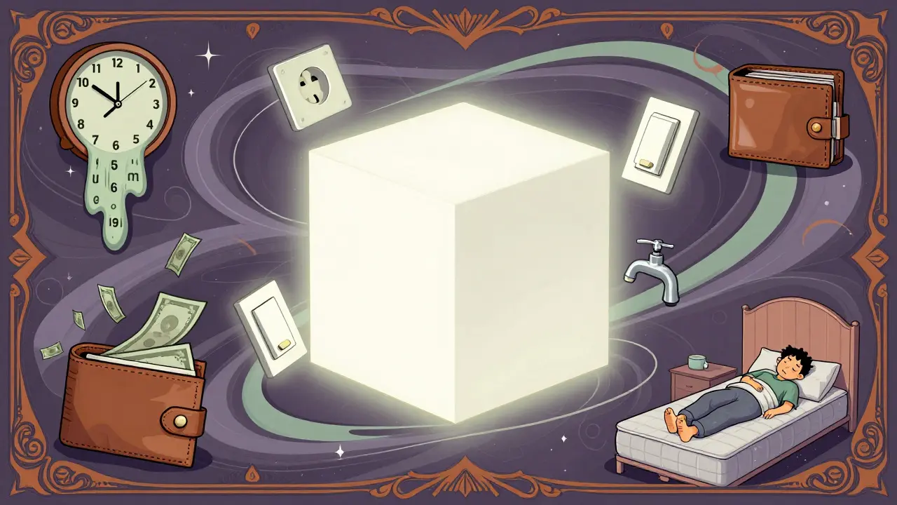 Нейтральная квартира в центре с плавающими элементами ремонта, вокруг — символы времени, денег и усталости, психоделический стиль.