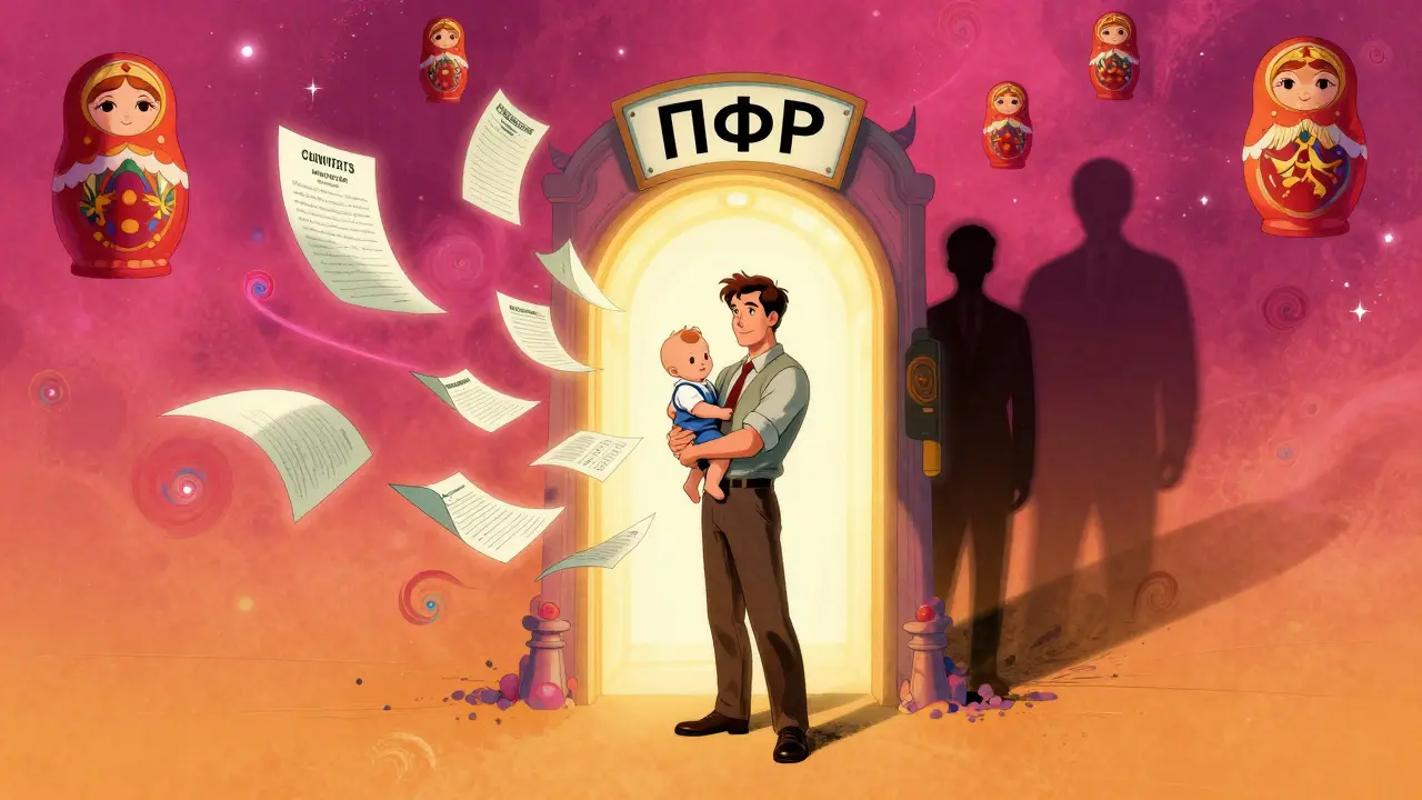 Отец получает материнский капитал через цифровой портал с плавающими документами.