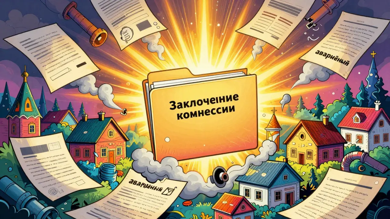 Отказанные документы тают, а правильное заключение комиссии светится в центре.