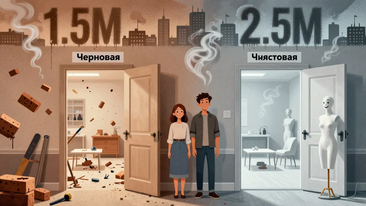 Пара перед двумя дверями: одна в хаос стройки, другая в идеальный, но бездушный интерьер, вокруг — плавающие цены и тексты.