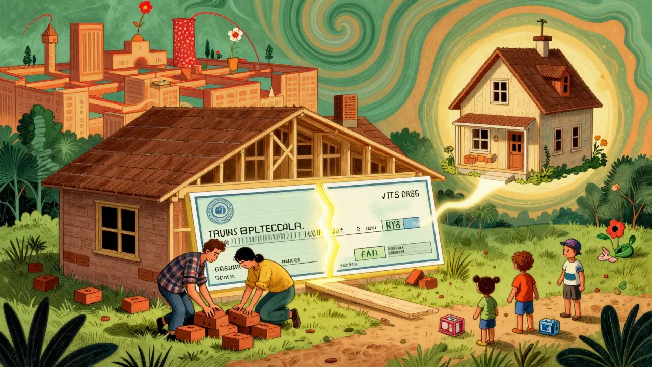 Пара строит дом в деревне, материнский капитал разделяется на стройматериалы и будущее жильё, дети играют рядом.
