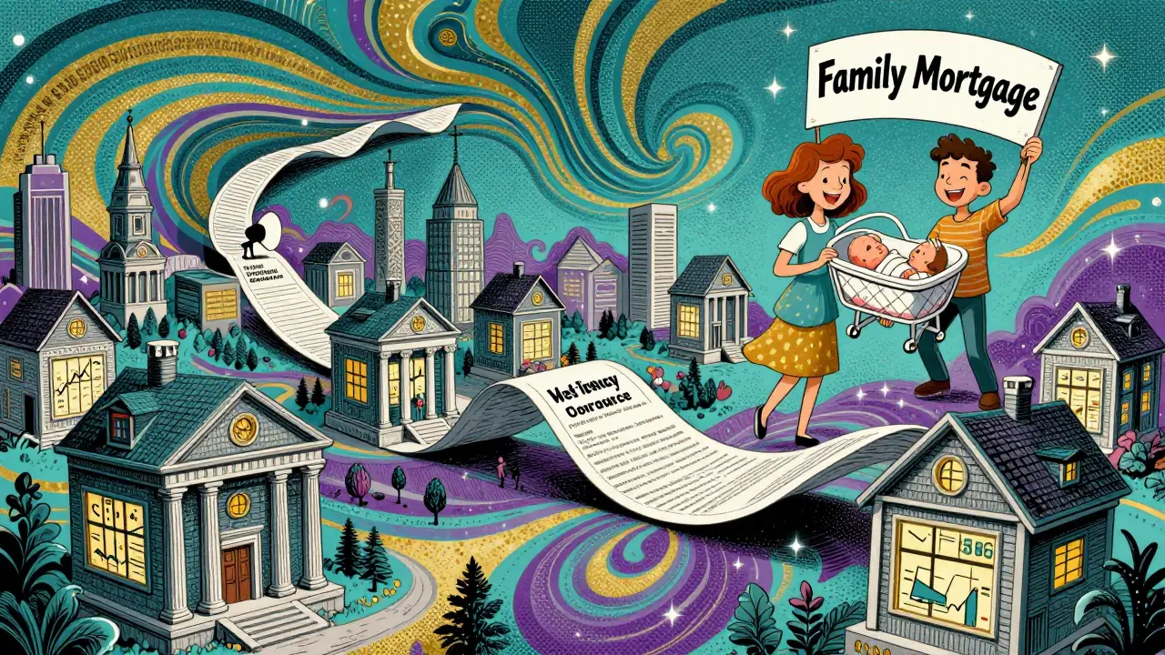 Психеделический ипотечный контракт простирается через российский город, с домами-банками и семьёй, держащей знак 'Семейная ипотека'.