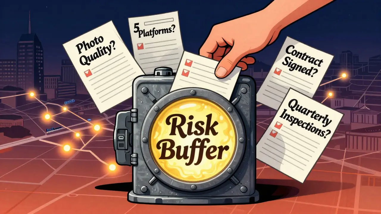 Рука кладёт залог в защитный сейф, вокруг — чек-листы для снижения рисков пустующих периодов.