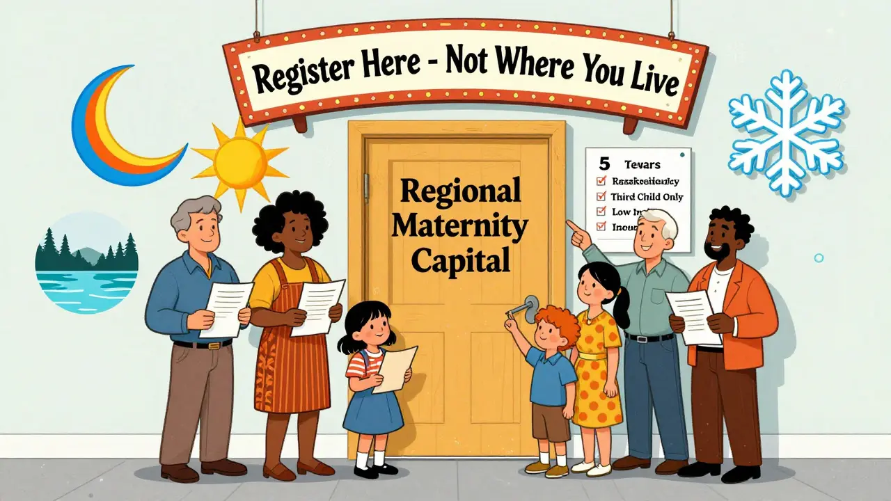 Семья перед дверью регионального маткапитала с символами регионов и правилами в виде психоделических надписей.