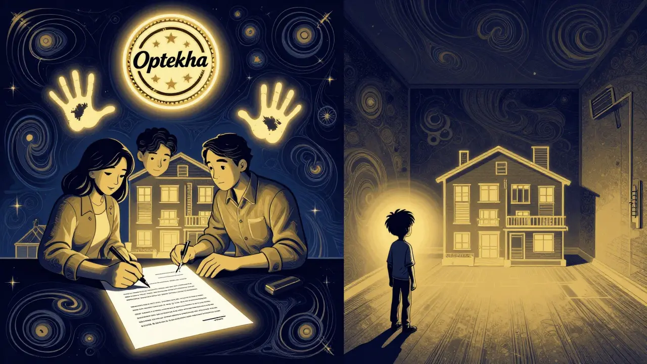 Семья подписывает документы под гербом опеки, ребёнок смотрит на новую квартиру, а старая исчезает в тумане.