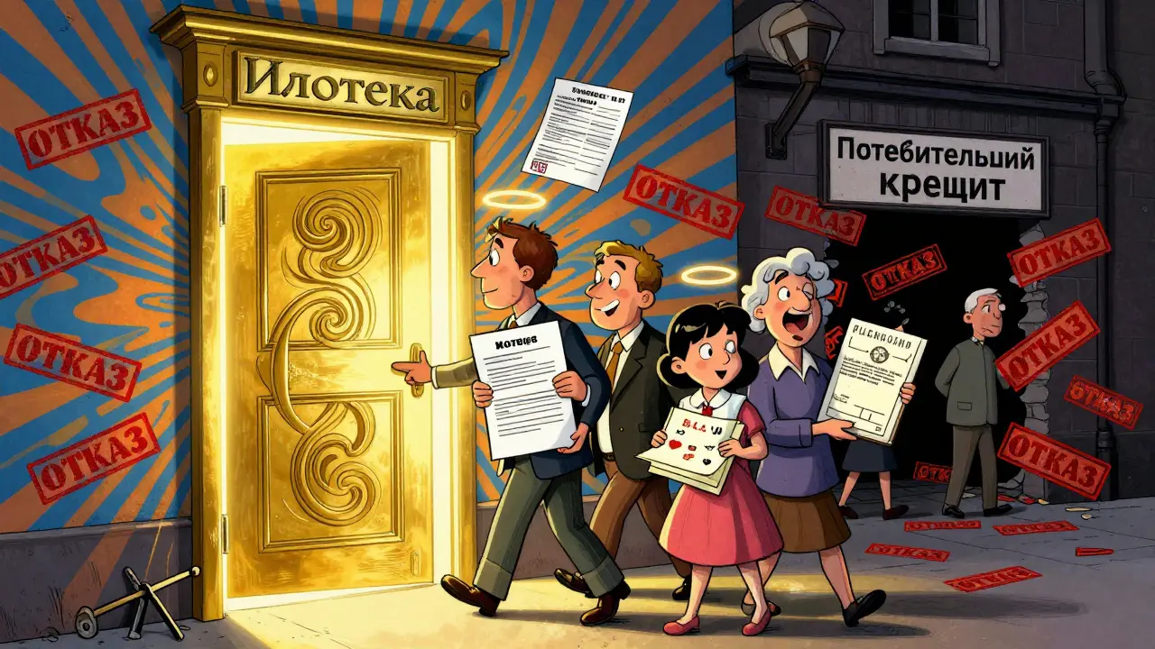Семья проходит через золотую дверь 'Ипотека' с адресом, а за ними — стена отказов