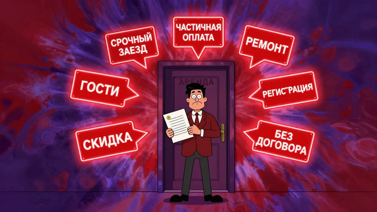 Семь красных флагов арендатора пульсируют вокруг двери квартиры, собственник отступает, фон в ярких психоделических тонах.