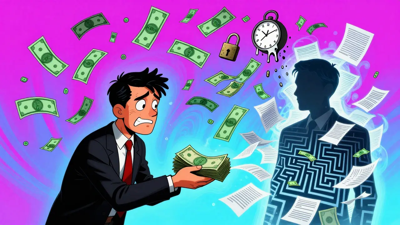 Собственник принимает наличные от ухмыляющегося арендатора, вокруг них кружат символы долгов и разрушения в психоделическом стиле.