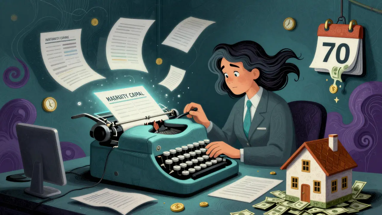 Сотрудник фонда обрабатывает заявку через светящийся печатный аппарат, документы парят в воздухе в психоделическом стиле.