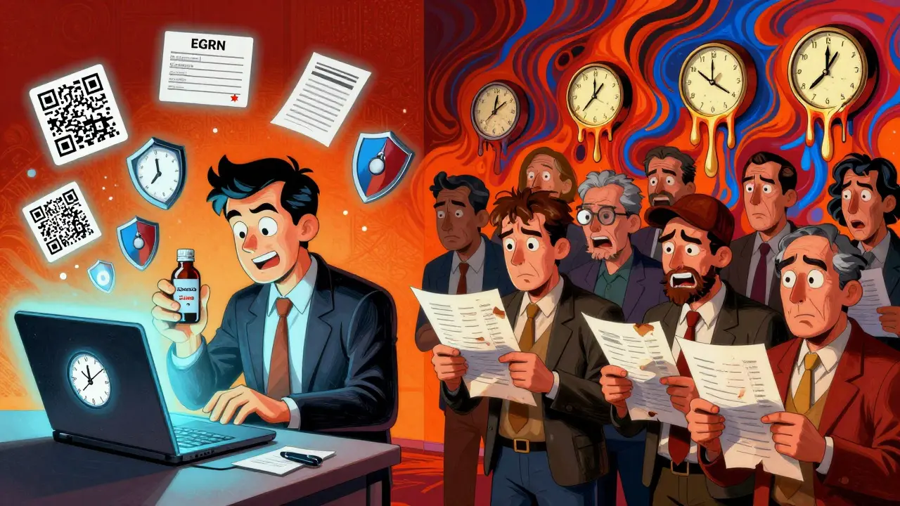 Сравнение удобного онлайн-заказа ЕГРН через Госуслуги и хаотичной очереди в МФЦ, яркие психоделические узоры.