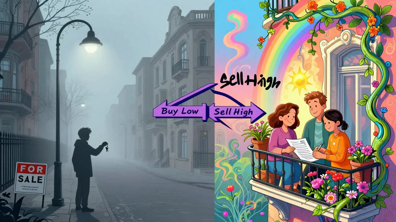 Сравнение зимней покупки и весенней продажи квартиры в Москве, с психоделическими линиями и временными метками.