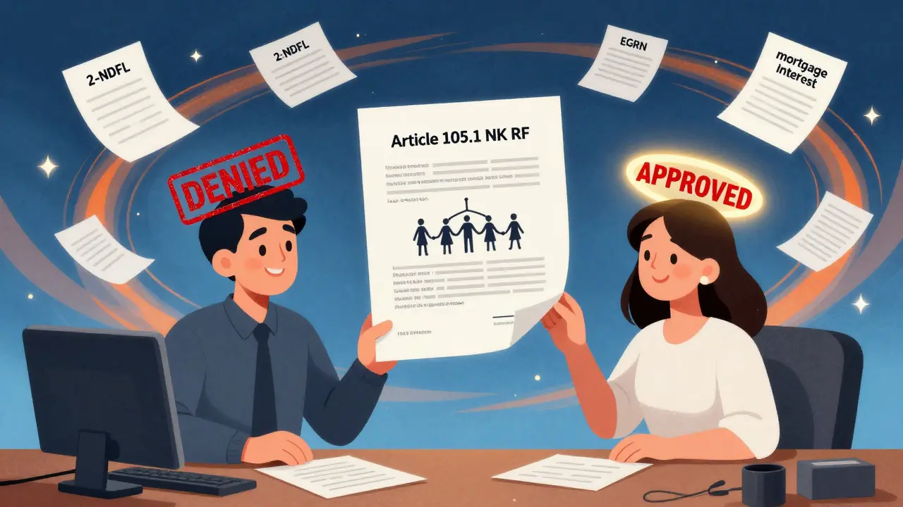 Супруги в налоговой: один с красной печатью отказа, другой с золотым одобрением, между ними — документ с семейным древом и законом.