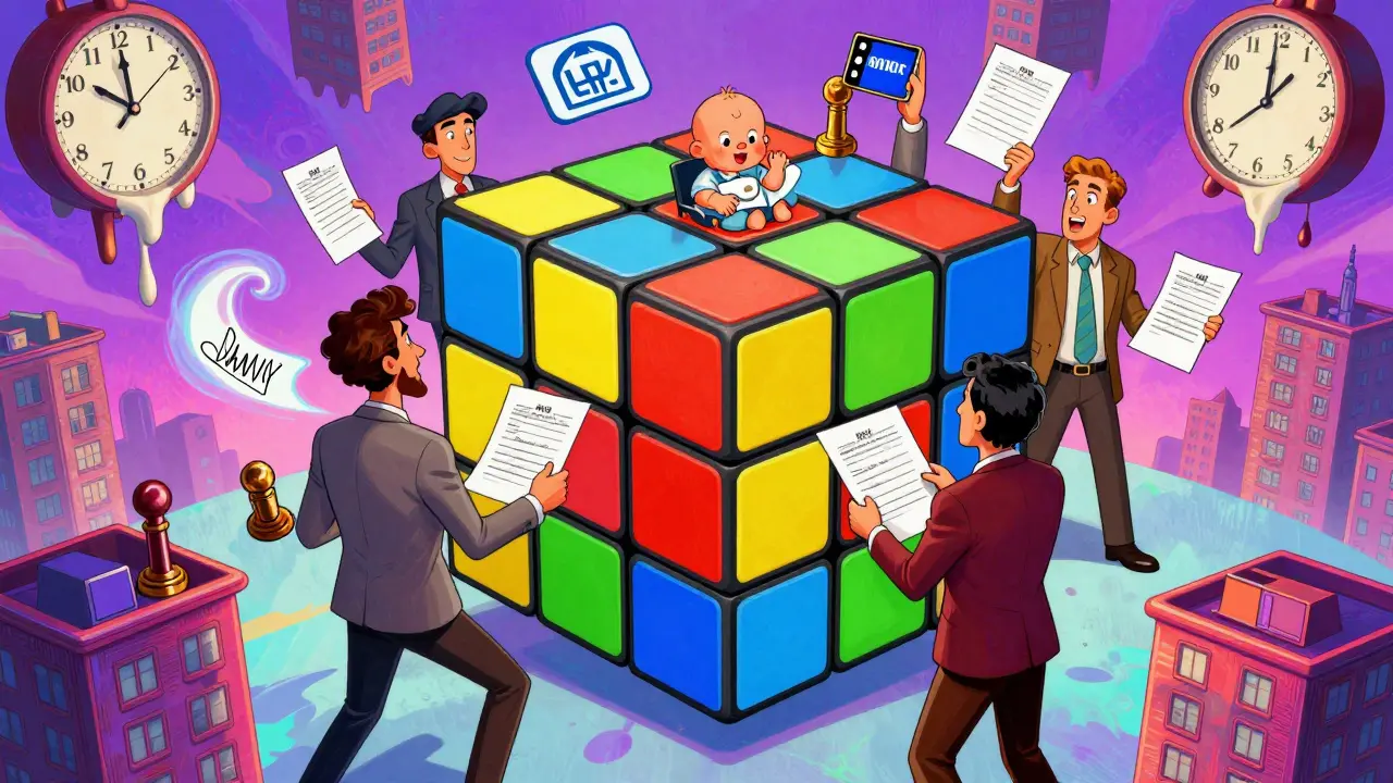 Сurrealistическая встреча в нотариальной комнате-кубе с пятью участниками сделки и плавающими юридическими символами.