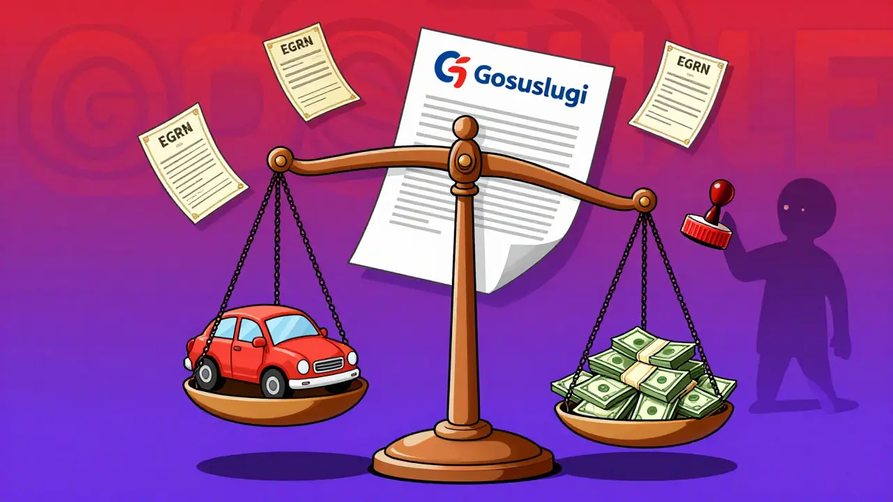 Весы справедливости: игрушечная машина против денег, над ними — цифровой портал и поддельные бумаги.