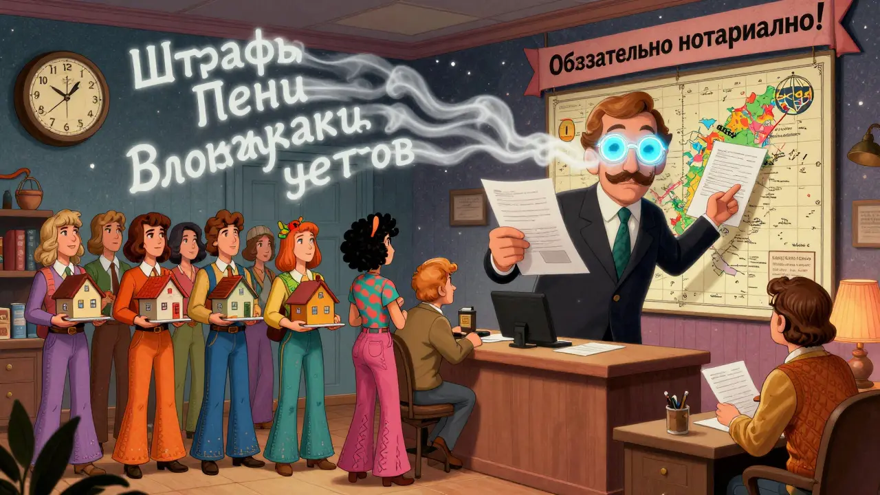 Заполненный нотариальный офис в стиле 70-х с людьми, несущими дома, и часами, указывающими на 2025 год.