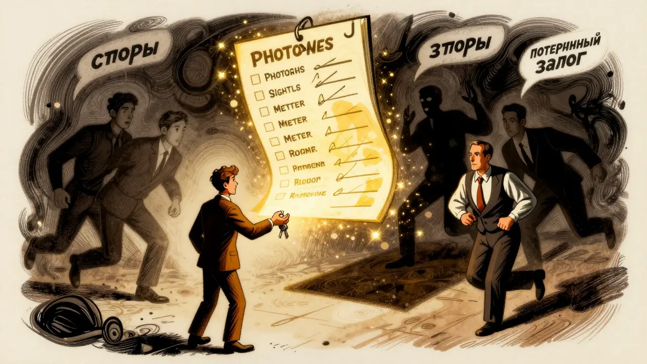 Арендатор передает ключи, над ними светящийся чек-лист с фотографиями, показаниями счетчиков и подписями, тени споров исчезают в темноте.