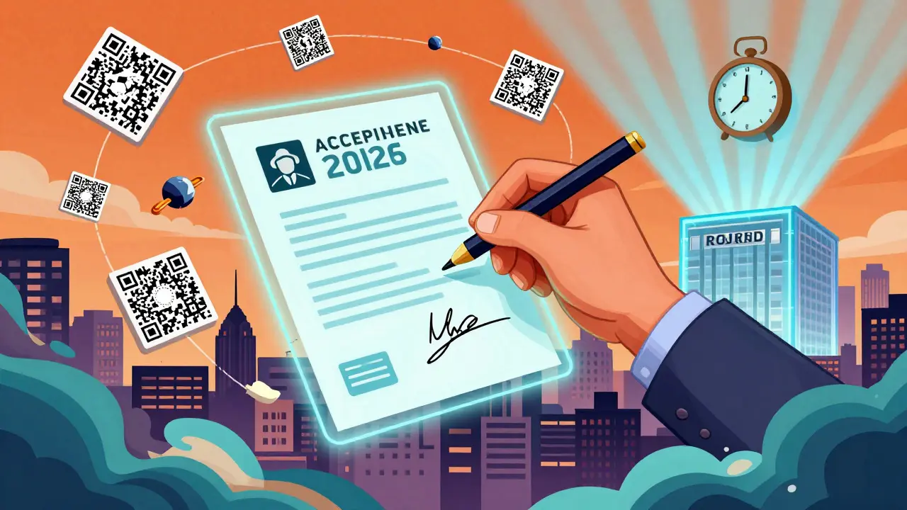 Цифровая подпись на hologram-документе, вокруг — фото дефектов и символы Росреестра, фон — городской пейзаж 2026 года.