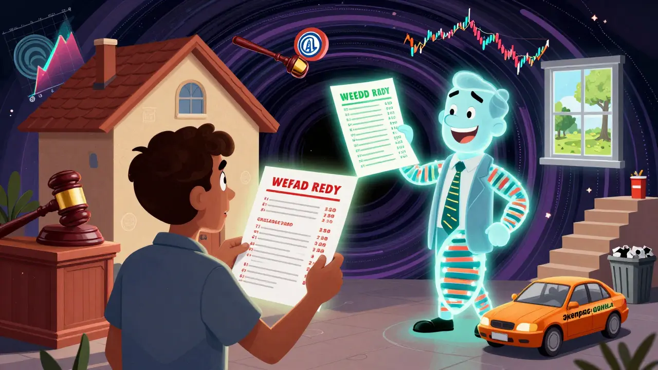 Домовладелец смотрит на два разных отчета об оценке, один с низкой, другой с высокой стоимостью, в психоделической обстановке.