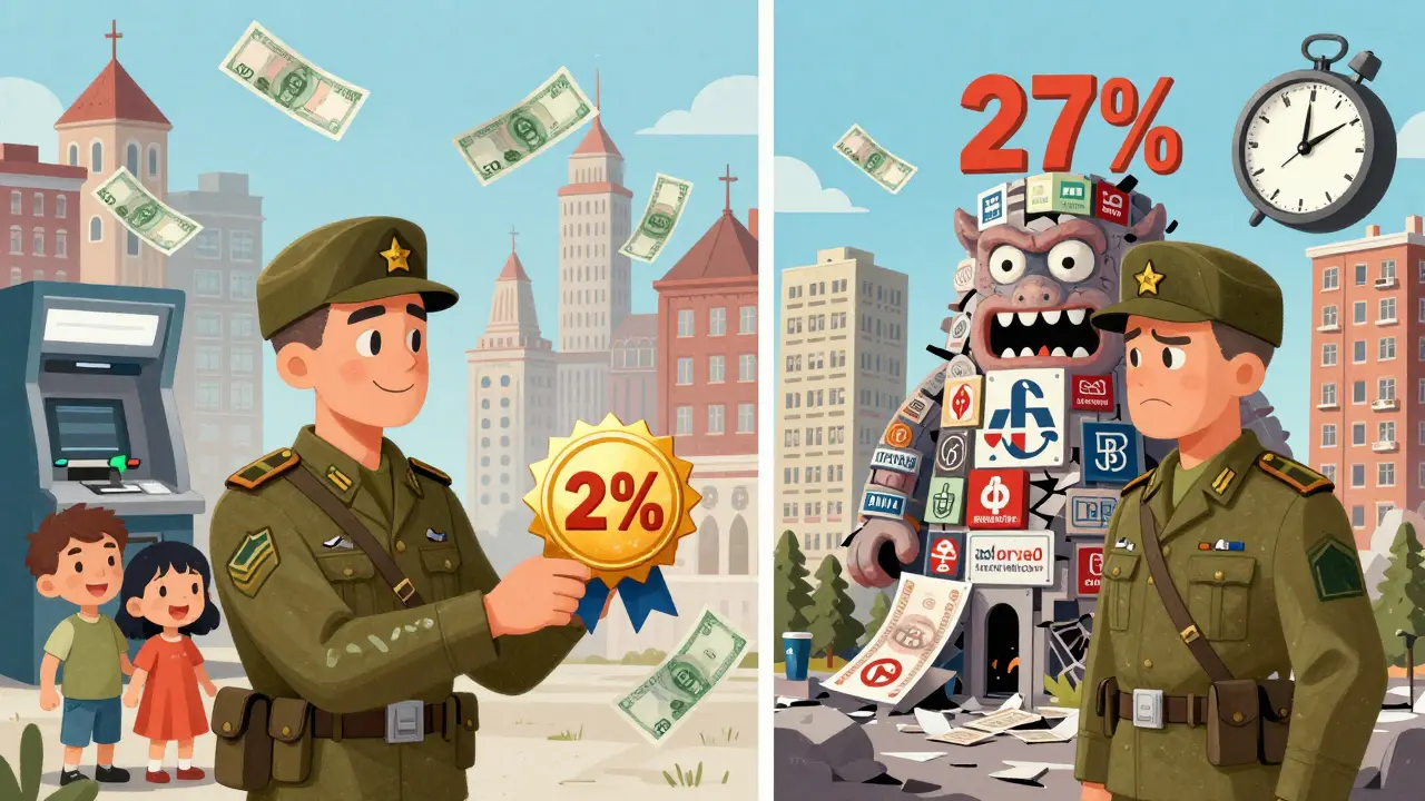Два военных: один с 2% ставкой и семьей, другой — перед монстром из 27% процентов и разрушающимся домом.
