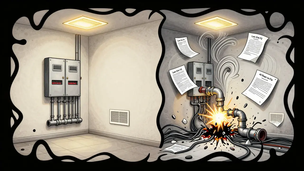 Две стороны одной квартиры: идеальная с одной стороны и хаос с другой — с документами закона 214-ФЗ в воздухе.