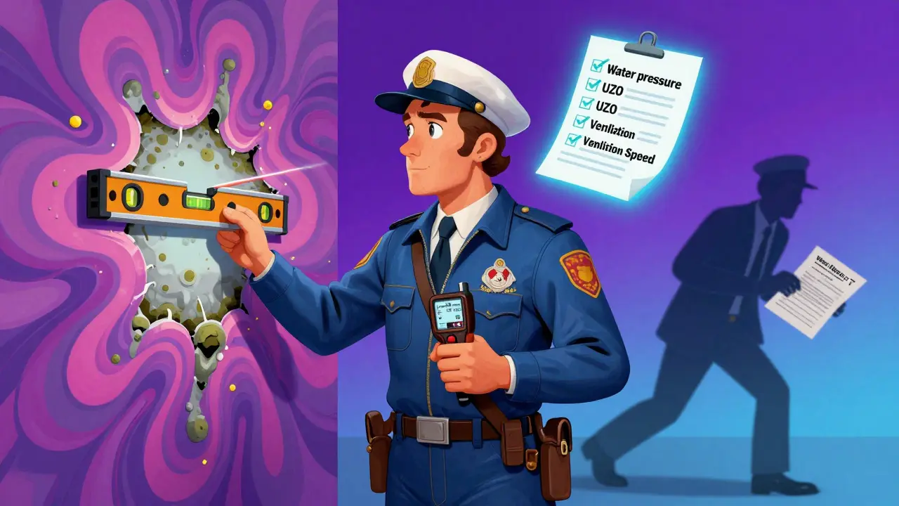 Инспектор использует приборы для проверки вентиляции и влажности, а скрытая плесень вырывается в виде радужных волн.