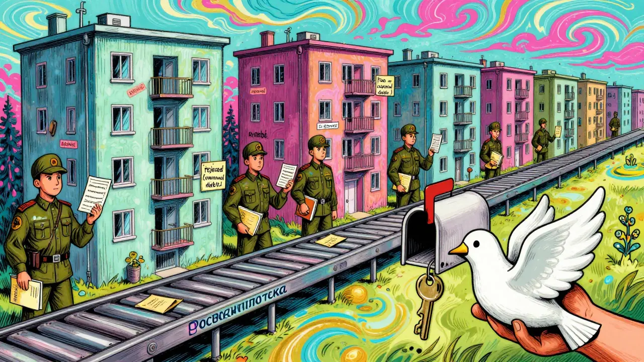 Конвейер квартир с ярлыками 'одобрено', 'отказано', 'слишком дорого', военные ждут с истекающими сертификатами.