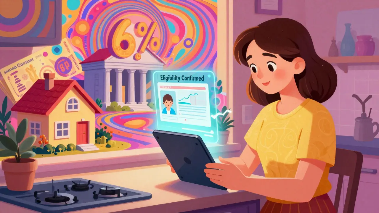 Мать проверяет Eligibility на Госуслугах, вокруг нее — волшебные символы льготной ипотеки.