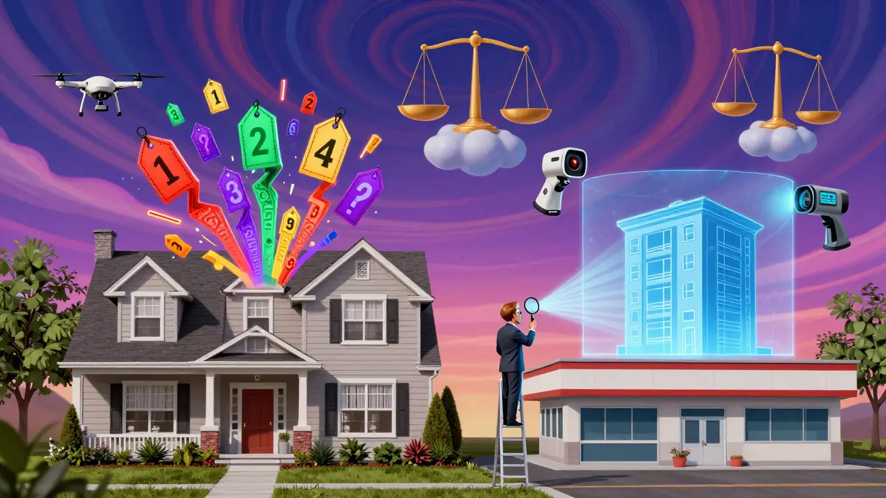 Оценщик сравнивает загородный дом и коммерческое помещение с помощью дронов и термокамер в ярком психоделическом окружении.