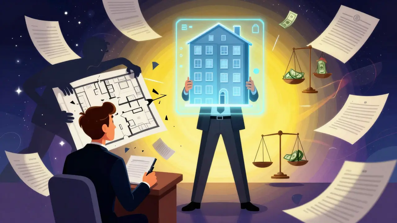 Покупатель держит голографический план квартиры, за спиной — попытка скрыть незаконную перепланировку.