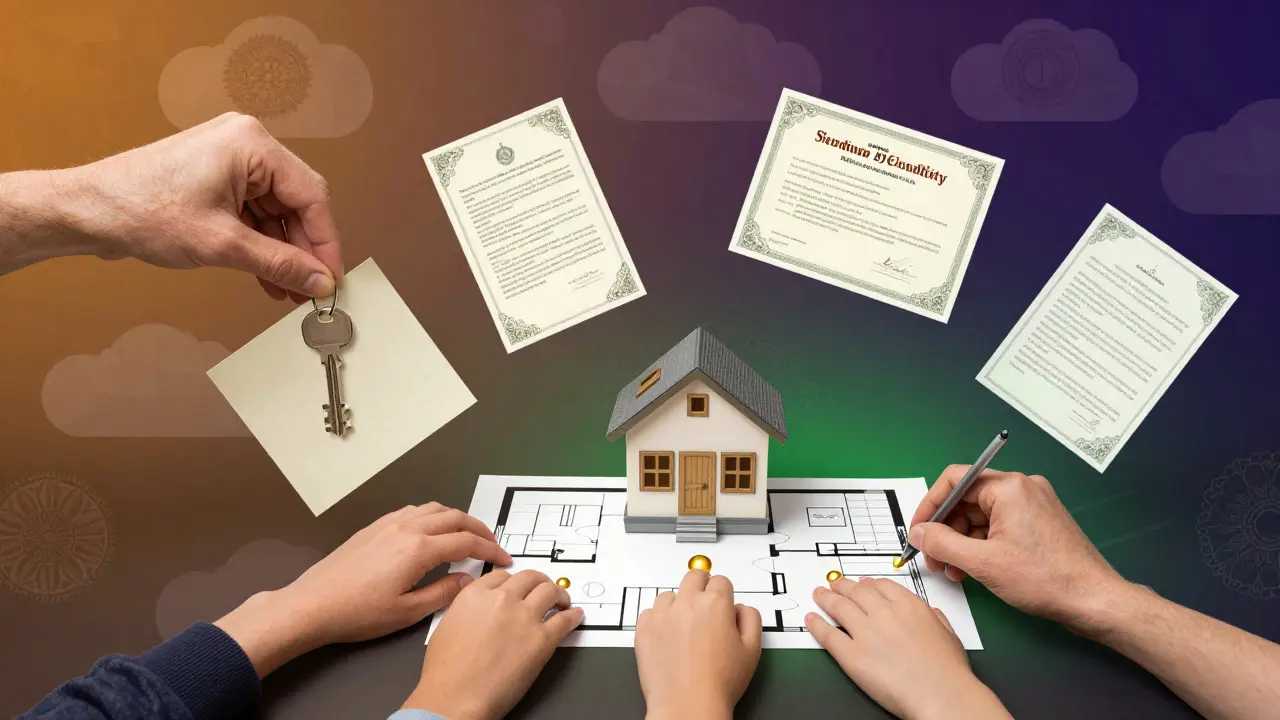 Пошаговый путь к покупке квартиры через маткапитал, изображённый как волшебная трансформация.