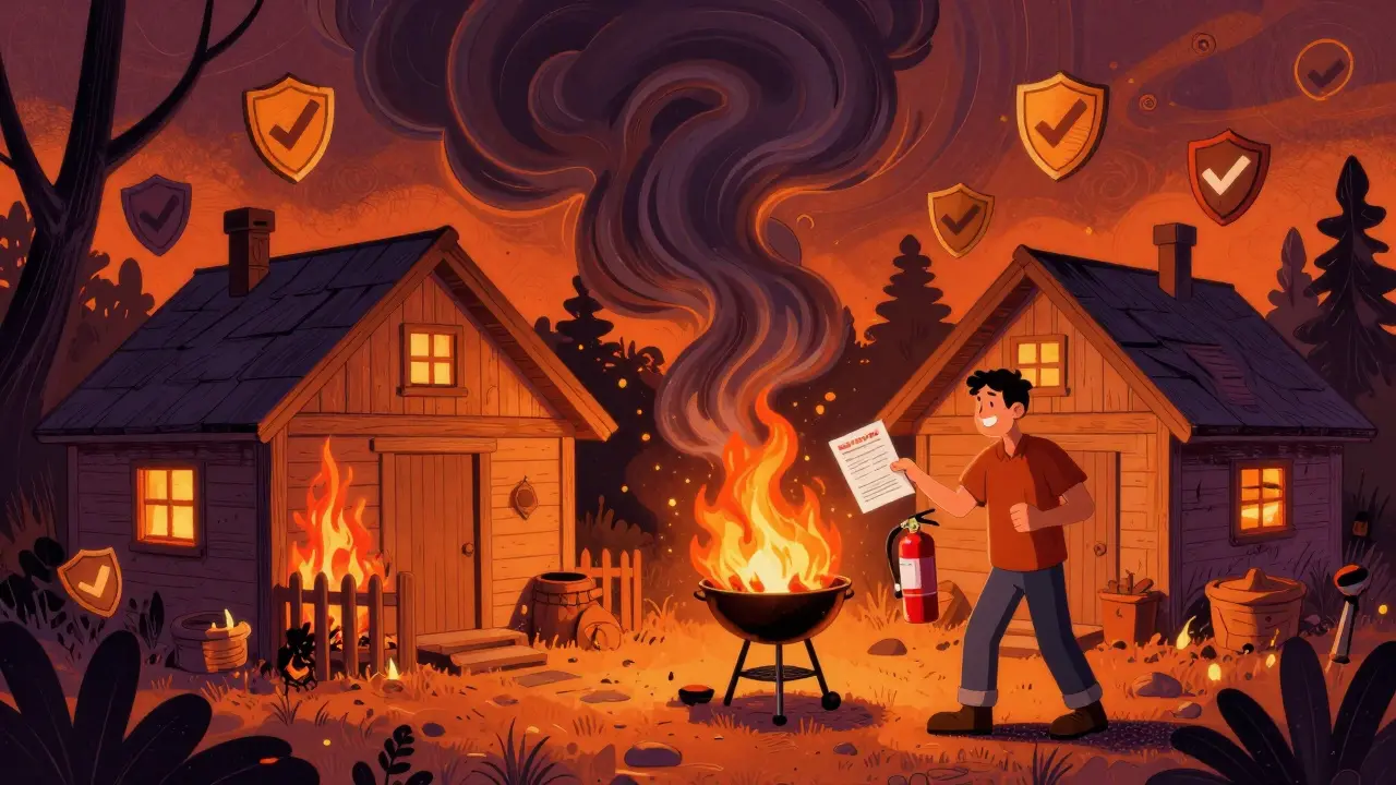 Пожар от барбекю перекидывается на два соседних коттеджа, хозяин пытается потушить огонь.