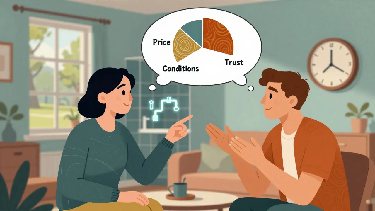 Продавец и покупатель обсуждают преимущества квартиры, над их головами — мыслительные пузыри с диаграммой доверия.