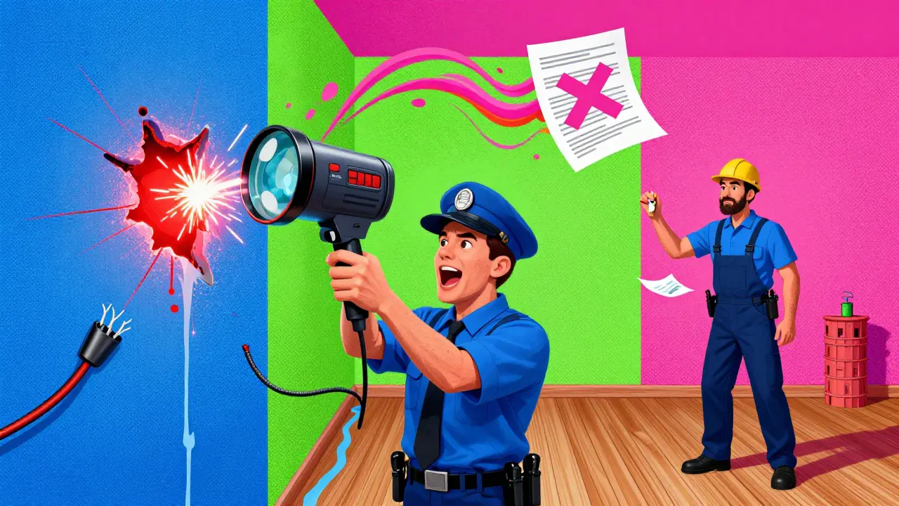 Профессиональный эксперт использует тепловизор, чтобы обнаружить скрытые дефекты в новостройке, в стиле Уэса Уилсона.