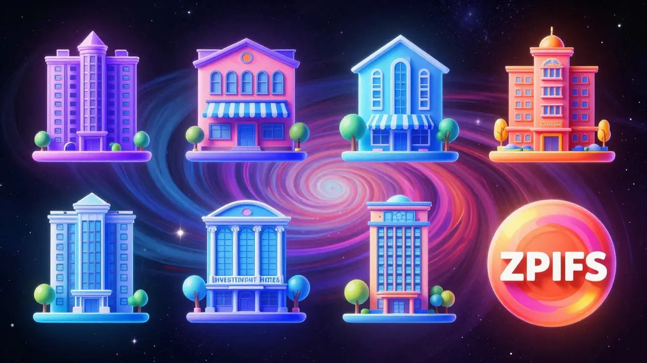 Психеделические иконки типов недвижимости в радужной сетке