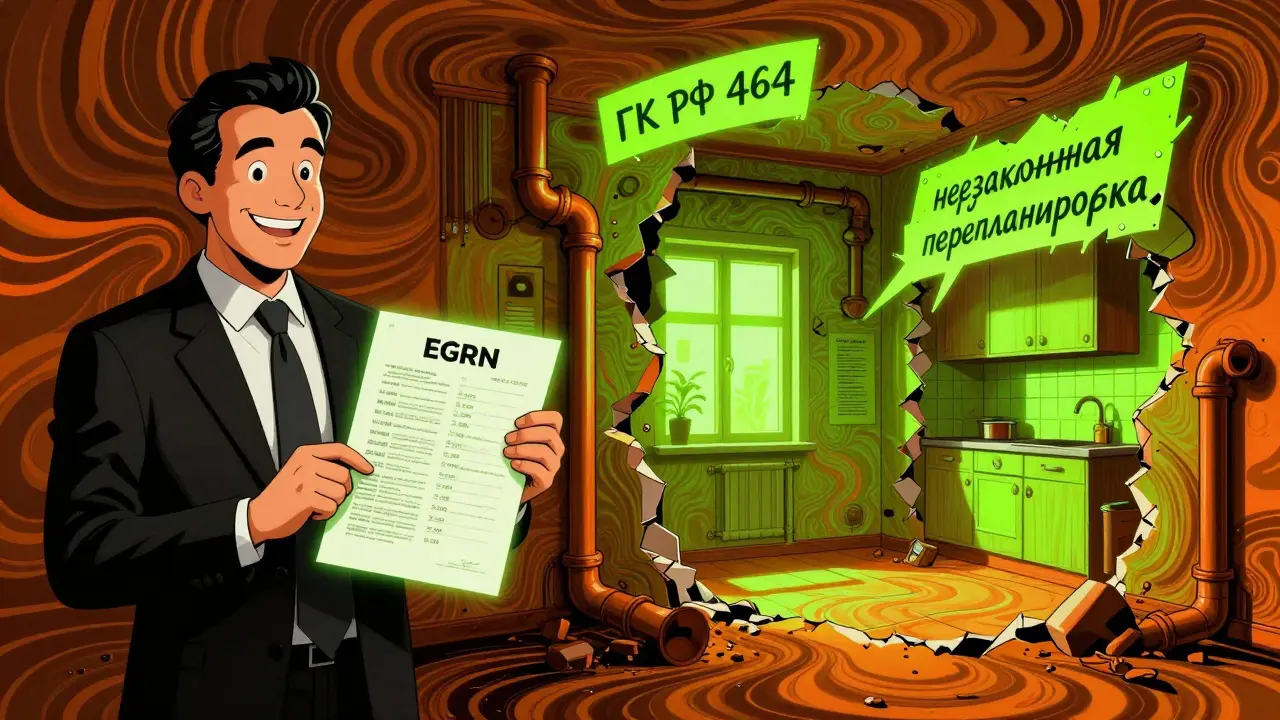 Разделённая сцена: официальный документ с одной стороны, разрушающаяся планировка — с другой.