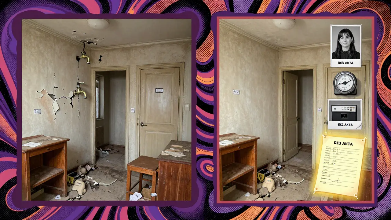 Разделенный кадр: слева — разрушенная квартира без акта, справа — идеальная с документами и фото, в стиле психоделического плаката.