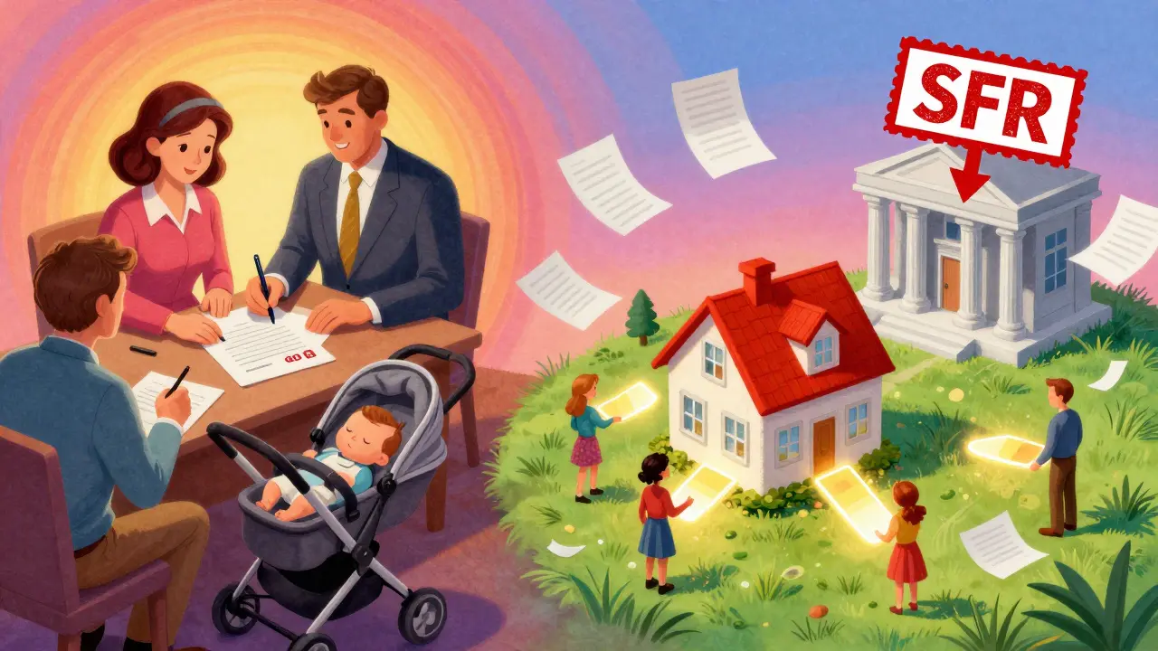 Родители подписывают договор, ребенок спит, а дом и земля делятся на доли между пятью членами семьи.