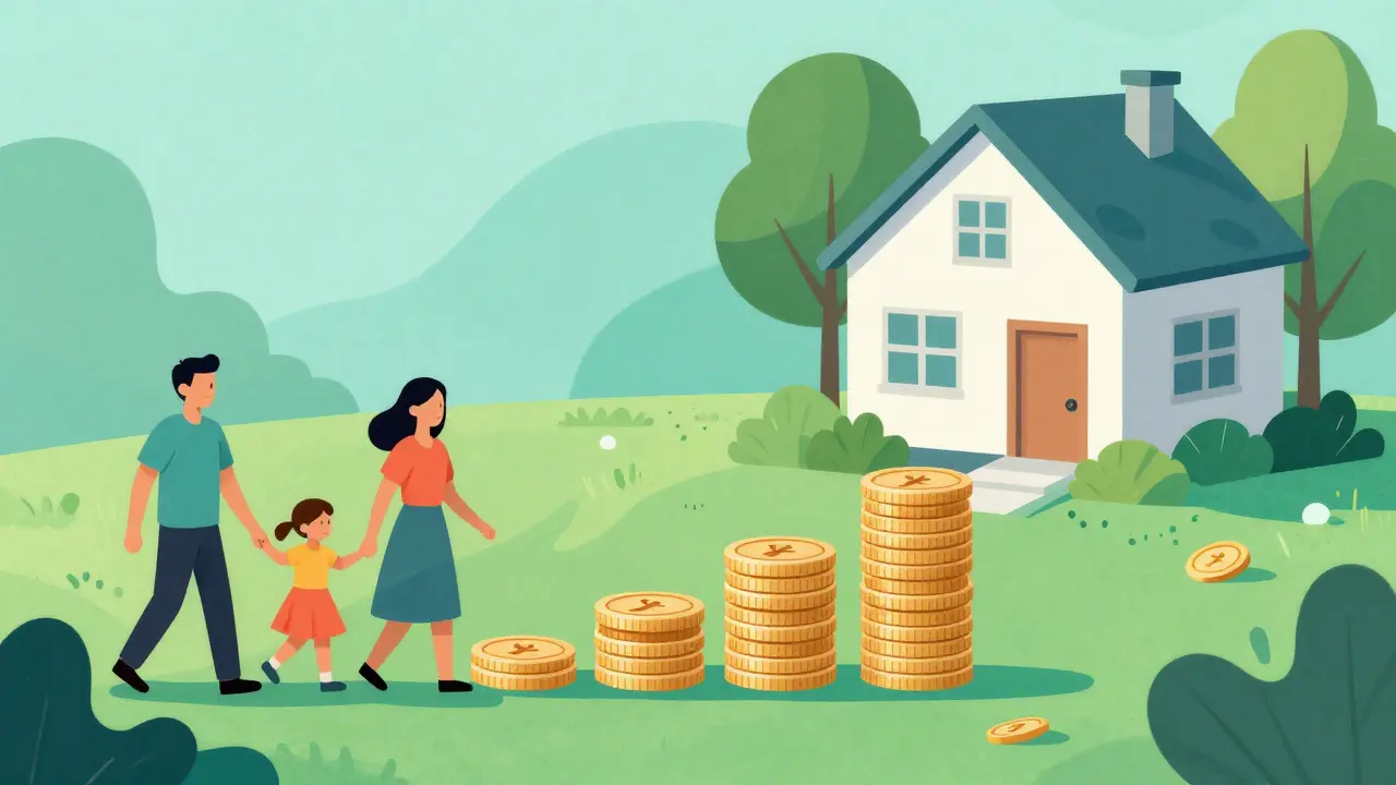 Семья и созаемщик с горой денег для первого взноса у дома