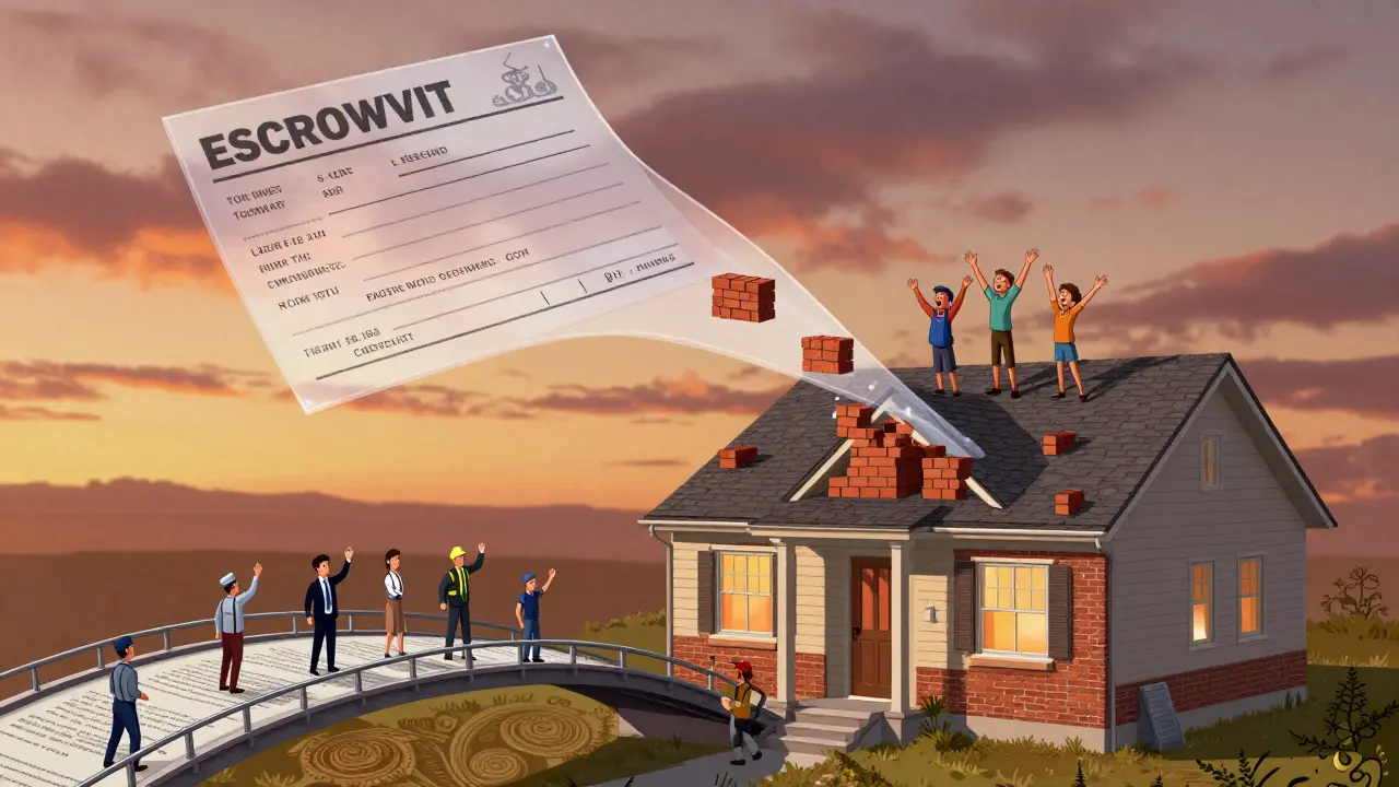 Семья на крыше дома, эскроу-счет превращается в кирпичи и окна, под ними — проверяющие по контрольному мосту.