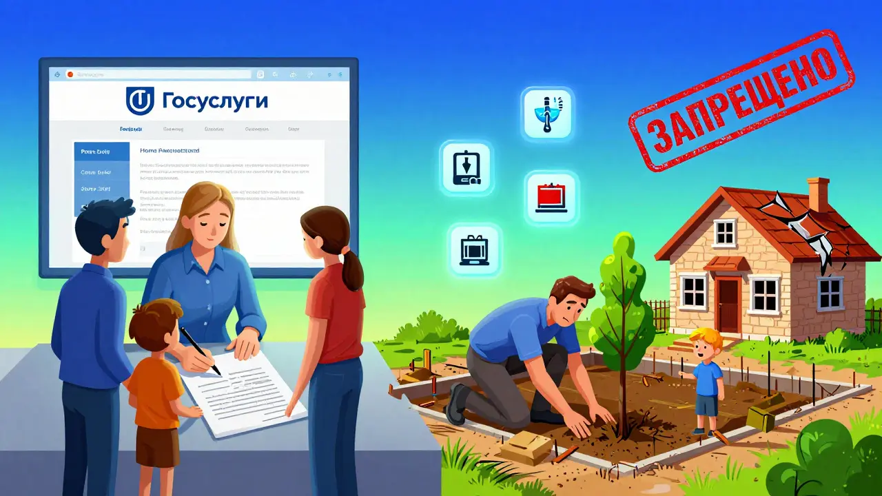 Семья подписывает договор о покупке дома и одновременно строит его, с противопоставлением старого и нового жилья.