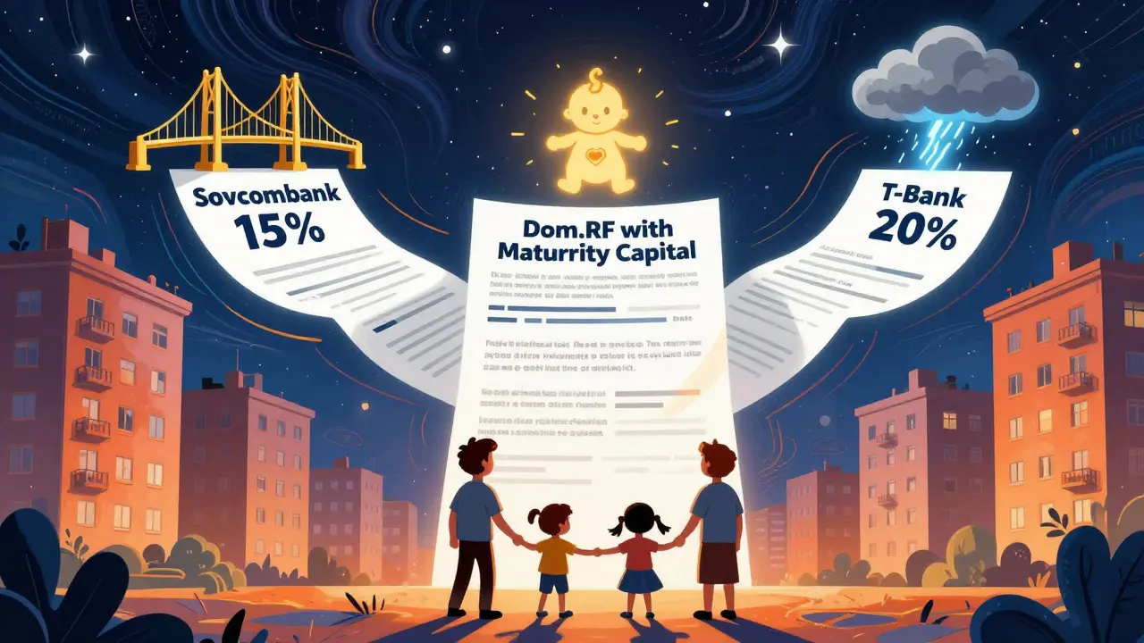 Семья вокруг договора ипотеки с тремя путями: 15%, маткапитал и 20%, на фоне городского пейзажа.