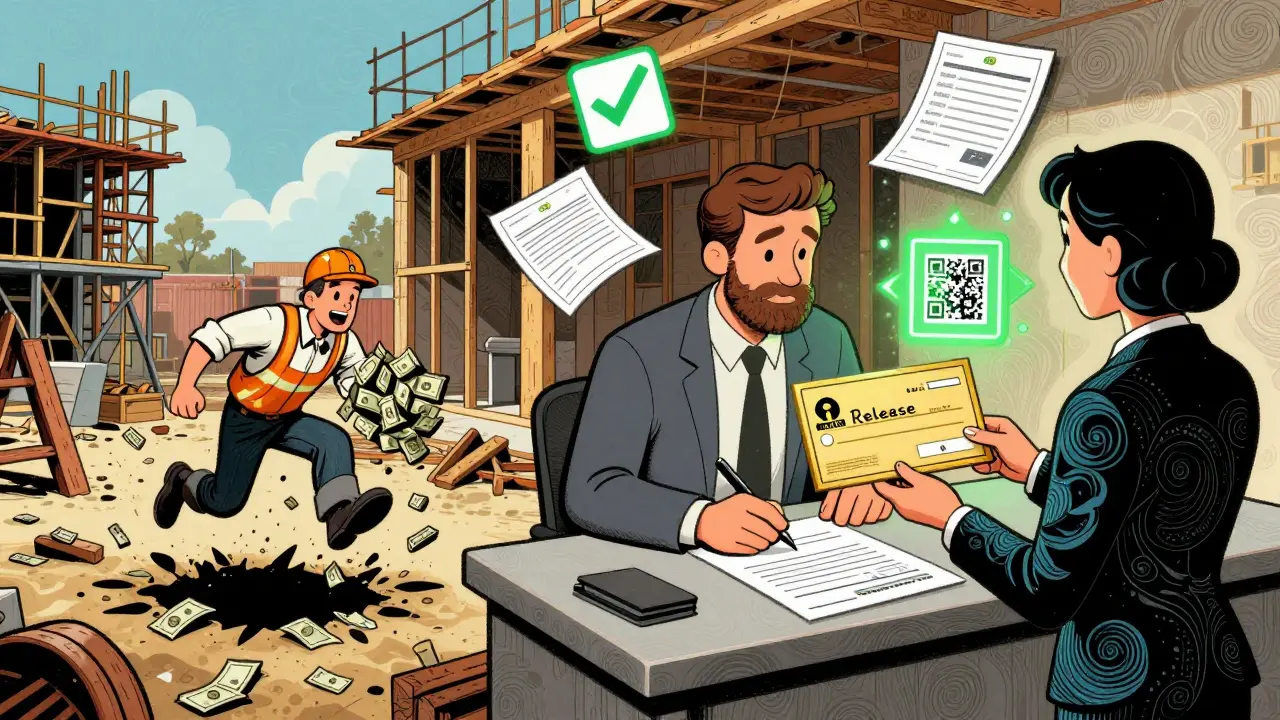 Слева — строитель убегает с деньгами, справа — домовладелец подписывает акт, банк выдает оплату, всё в ярких волнообразных узорах.