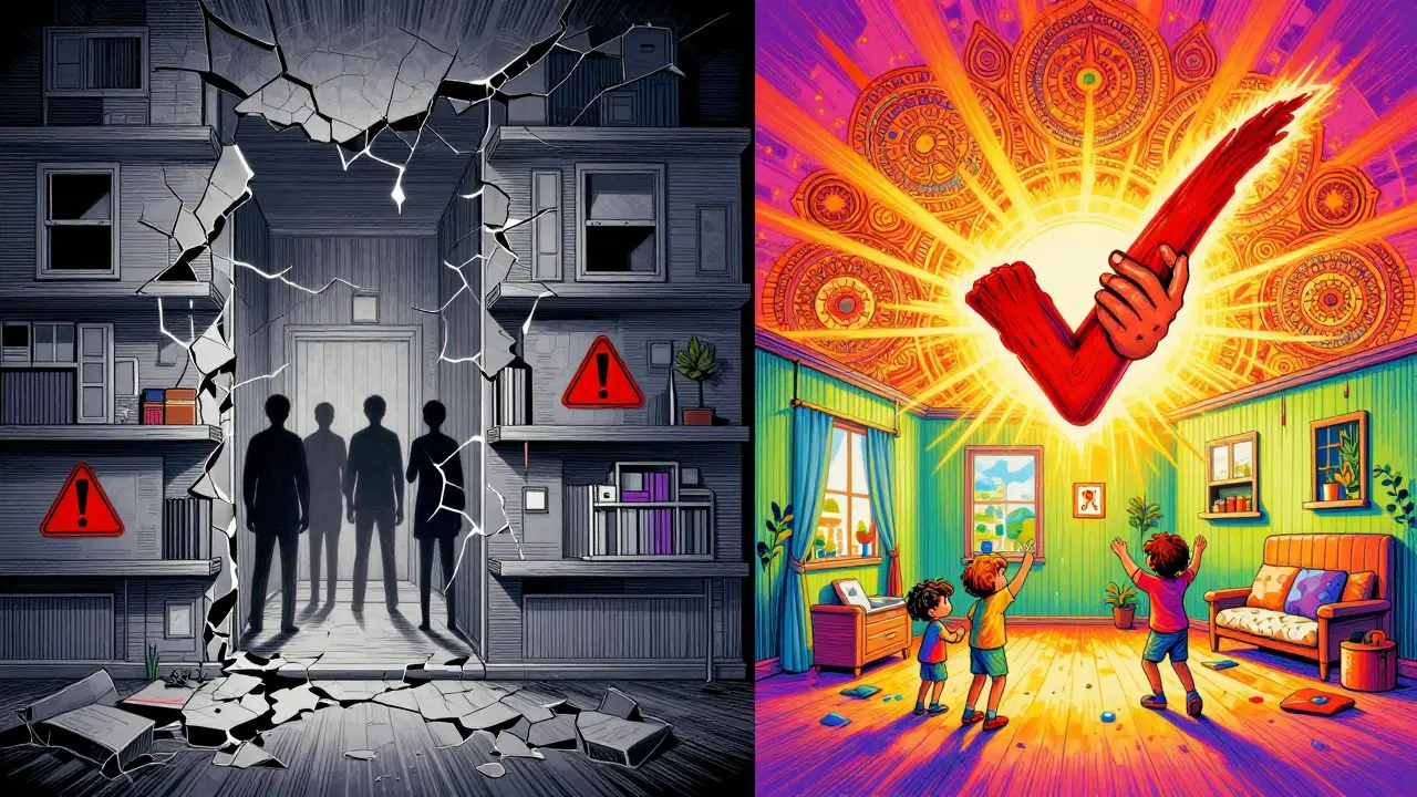 Сравнение аварийного дома и безопасной квартиры в стиле психоделической иллюстрации.