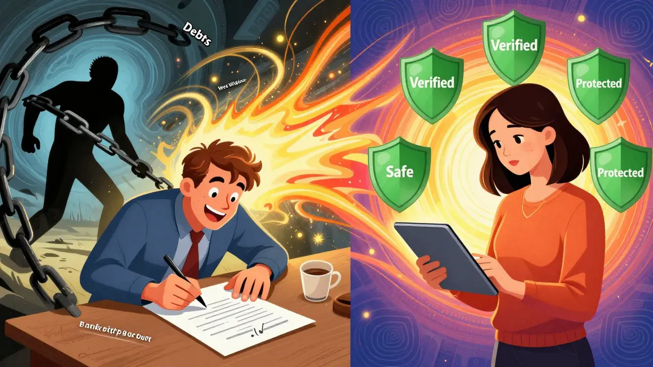 Сравнение рискованной сделки и безопасной проверки: один человек тянется к тьме, другой — к защитным щитам.