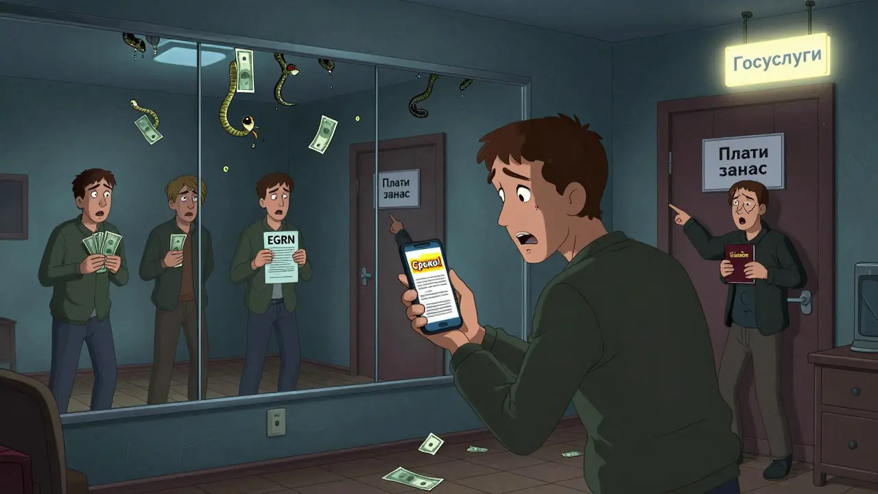 Страшная сцена в подъезде: человек перед фейковым объявлением, зеркало отражает разные версии его выбора, деньги превращаются в змей.