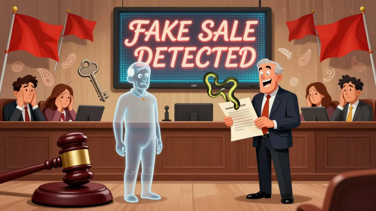 Судебная сцена с ключом-молотком и прозрачным продавцом, окруженная красными флагами и психоделическими узорами в стиле Веса Уилсона.