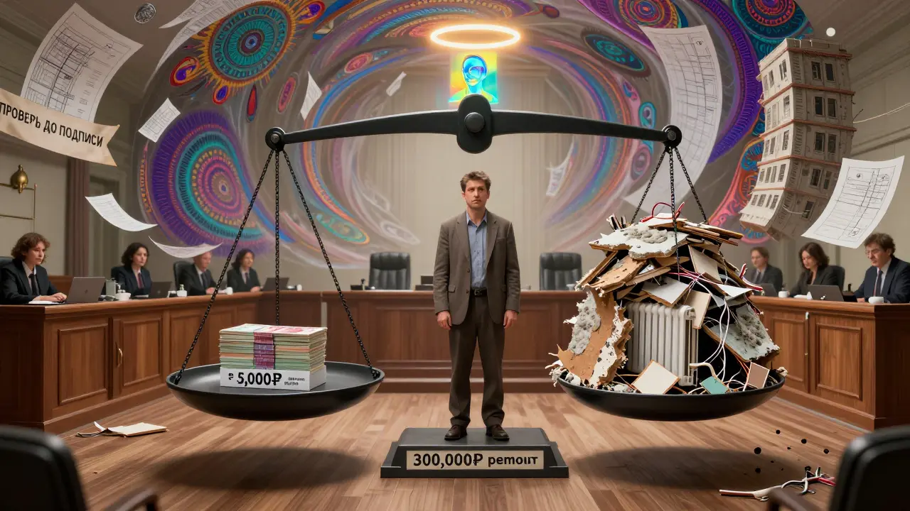 Судебная сцена: сравнение стоимости экспертизы и ремонта, в ярком психоделическом стиле Уэса Уилсона.