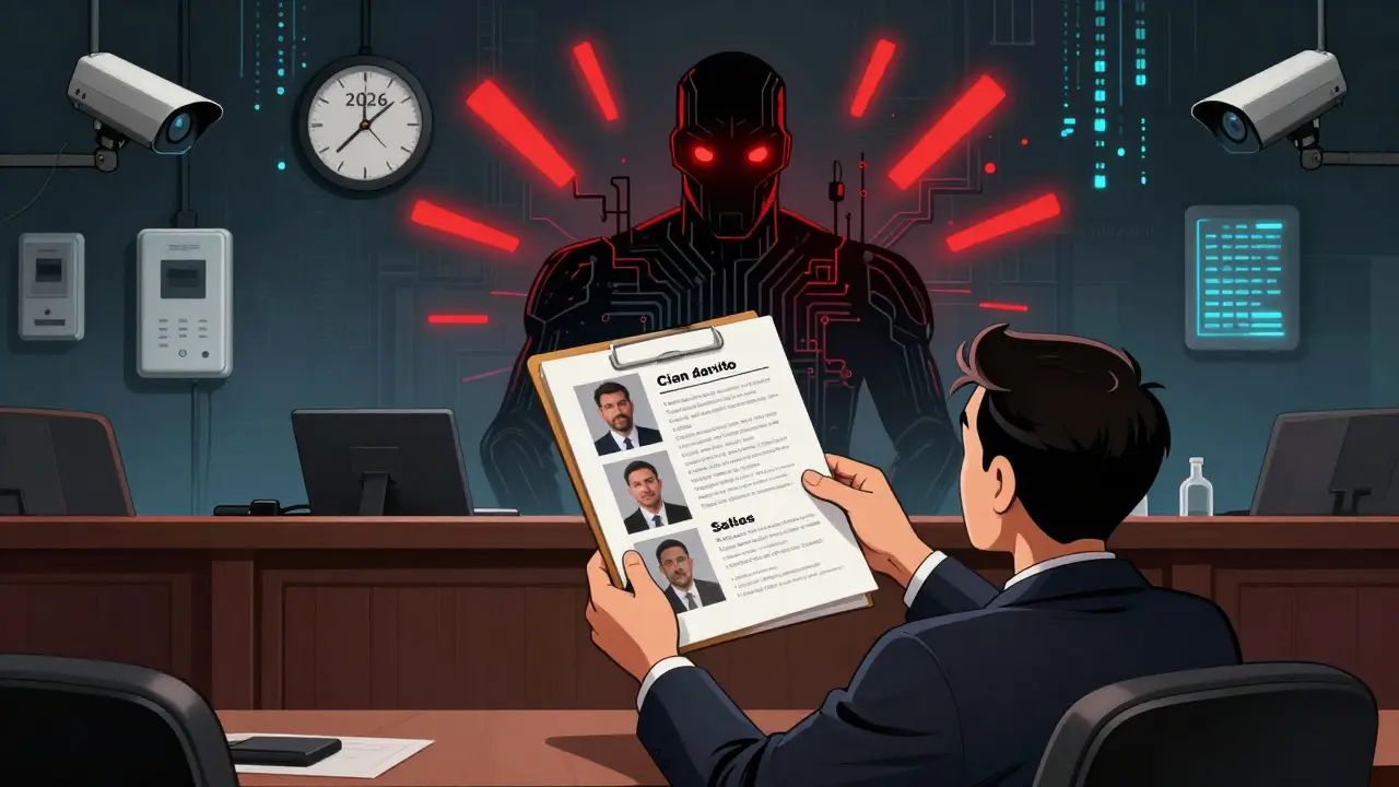 Судебный процесс: человек доказывает справедливую оценку, а позади — цифровая система 2026 года с данными из умных устройств.